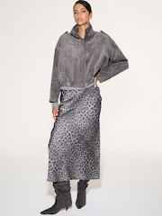 Black/Grey Animal Print Satin Midi Skirt - Image 1 of 7