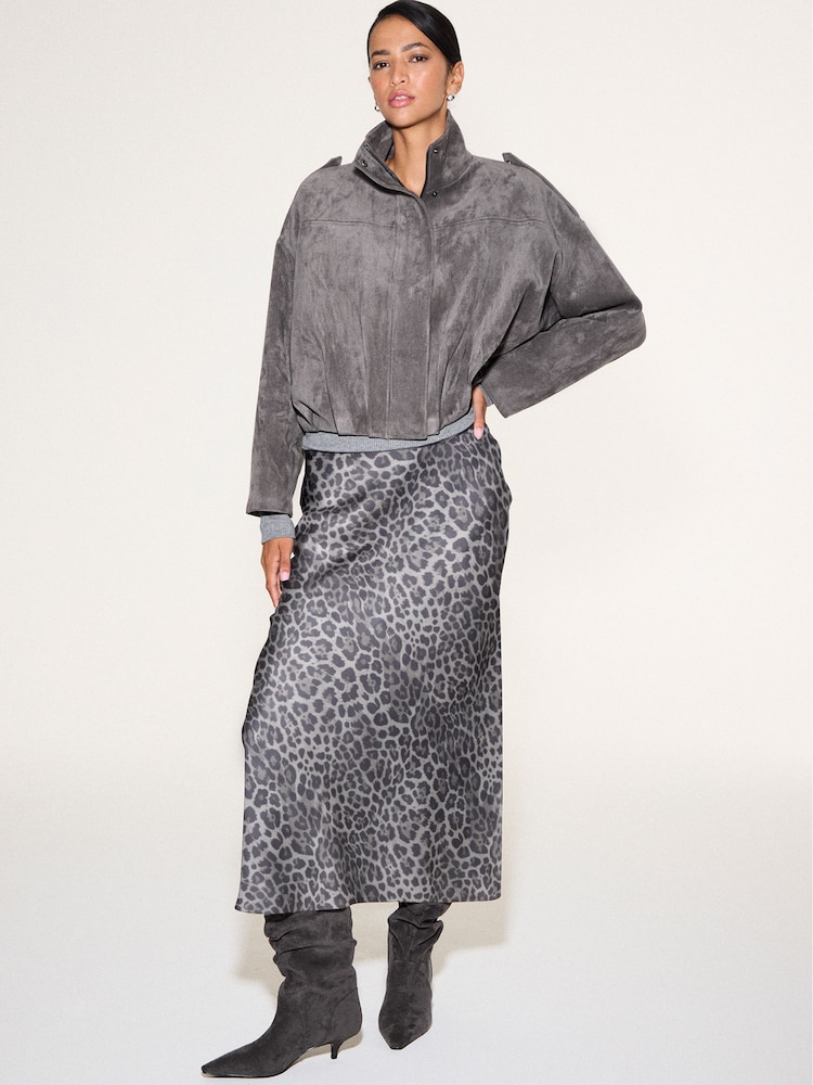 Black/Grey Animal Print Satin Midi Skirt - Image 1 of 7 Black/Grey Animal Print Satin Midi Skirt - Image 1 of 7