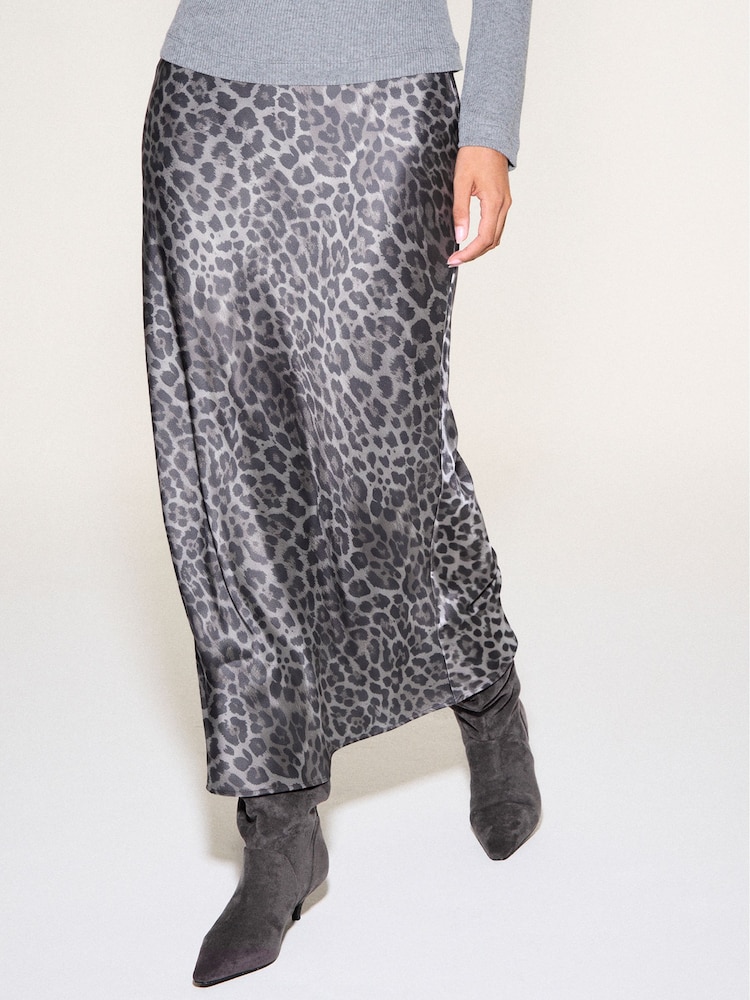 Black/Grey Animal Print Satin Midi Skirt - Image 2 of 7 Black/Grey Animal Print Satin Midi Skirt - Image 2 of 7
