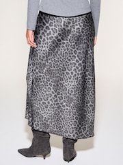 Black/Grey Animal Print Satin Midi Skirt - Image 3 of 7