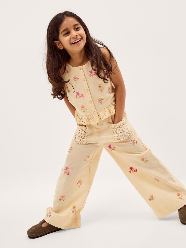 Monsoon Cream Cassia Floral Embroidered Top & Trousers Set - Image 1 of 1