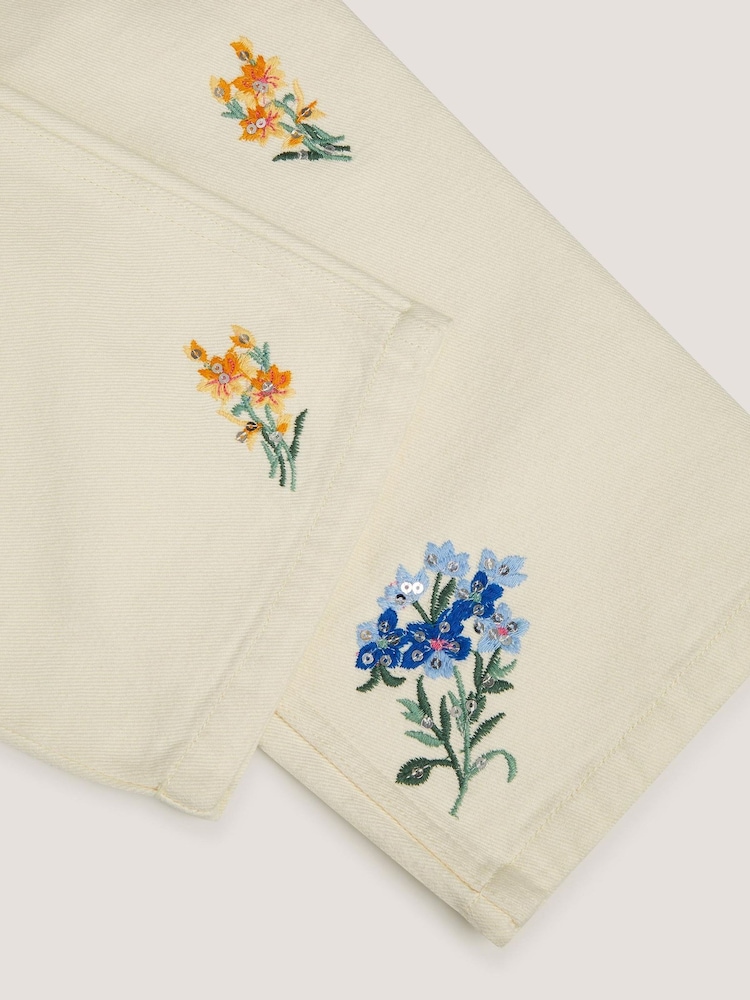 Monsoon Cream Sequin Floral Embroidered Wide Leg Jeans - Image 5 of 5