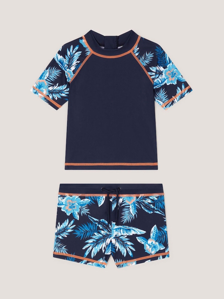 Monsoon Blue Tropical Print Rash Vest & Swim Shorts Set - Image 1 of 3