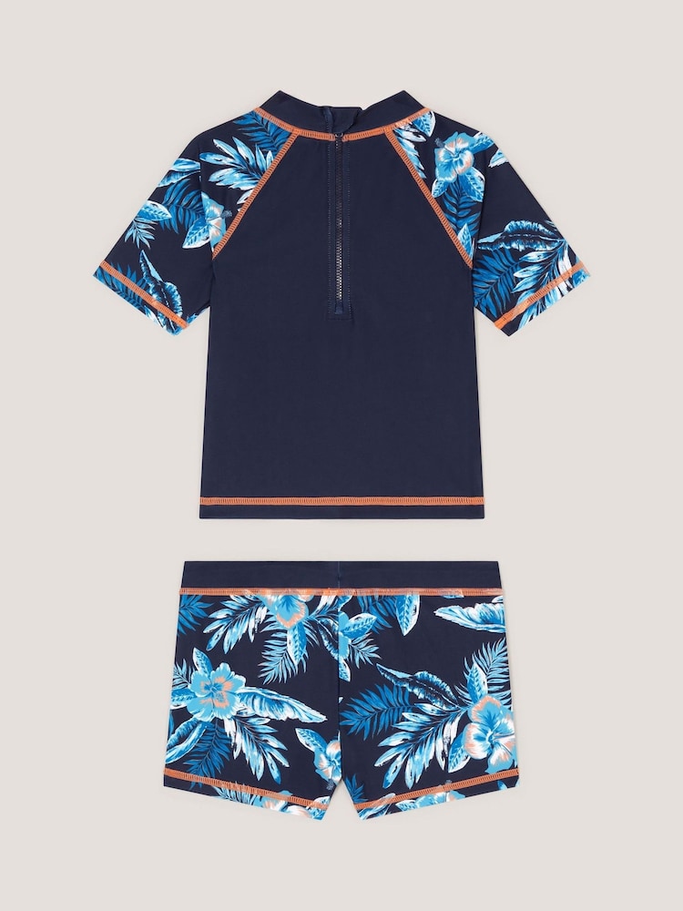 Monsoon Blue Tropical Print Rash Vest & Swim Shorts Set - Image 2 of 3