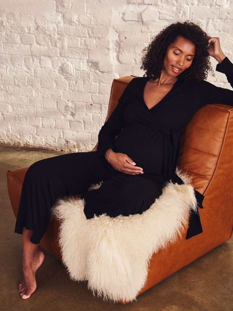 JoJo Maman Bébé Black Jersey Wrap Maternity Jumpsuit - Image 1 of 7 JoJo Maman Bébé Black Jersey Wrap Maternity Jumpsuit - Image 1 of 7