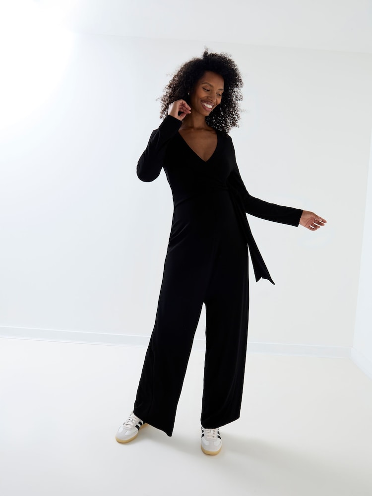 JoJo Maman Bébé Black Jersey Wrap Maternity Jumpsuit - Image 2 of 7 JoJo Maman Bébé Black Jersey Wrap Maternity Jumpsuit - Image 2 of 7