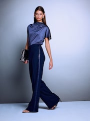 Navy Blue Sparkle Side Stripe Straight Leg Trousers - Image 1 of 8
