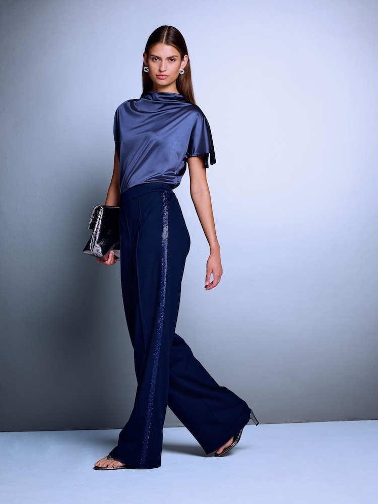 Navy Blue Sparkle Side Stripe Straight Leg Trousers - Image 1 of 8 Navy Blue Sparkle Side Stripe Straight Leg Trousers - Image 1 of 8