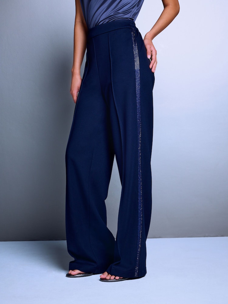 Navy Blue Sparkle Side Stripe Straight Leg Trousers - Image 2 of 8 Navy Blue Sparkle Side Stripe Straight Leg Trousers - Image 2 of 8