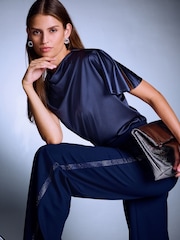 Navy Blue Sparkle Side Stripe Straight Leg Trousers - Image 3 of 8