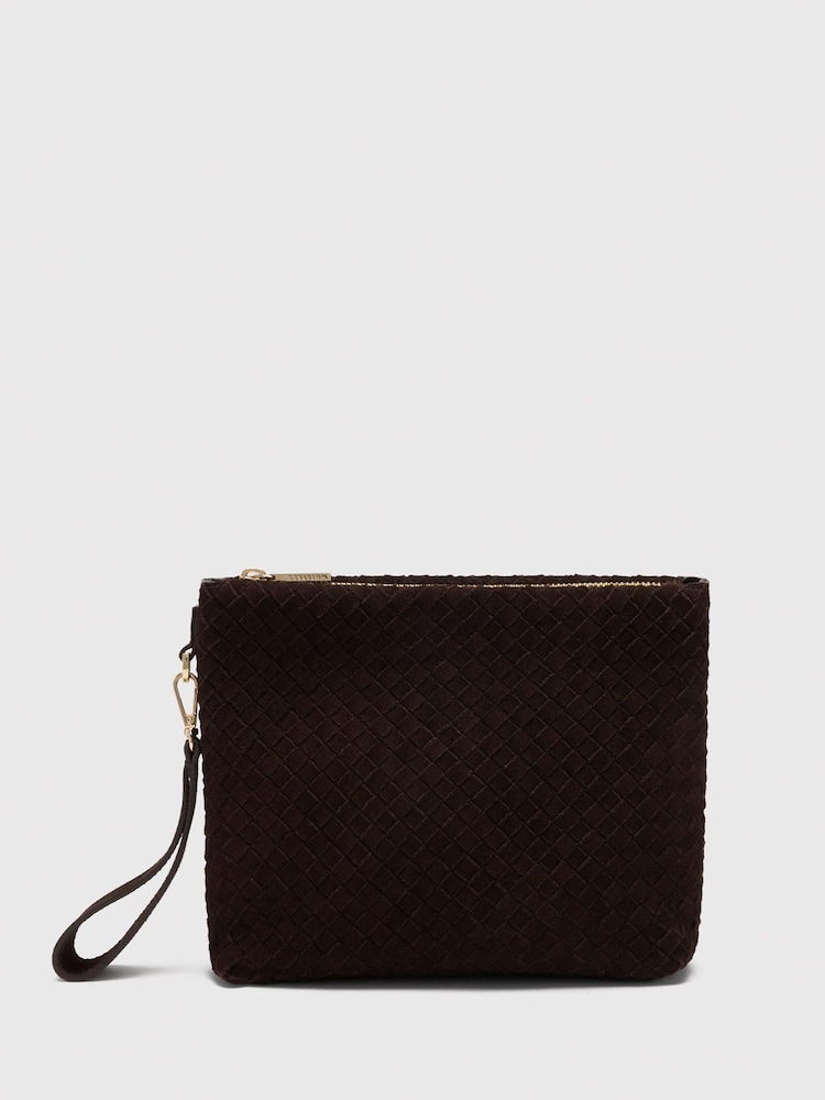 Whistles Brown Avah Woven Suede Zip Clutch - Image 1 of 5