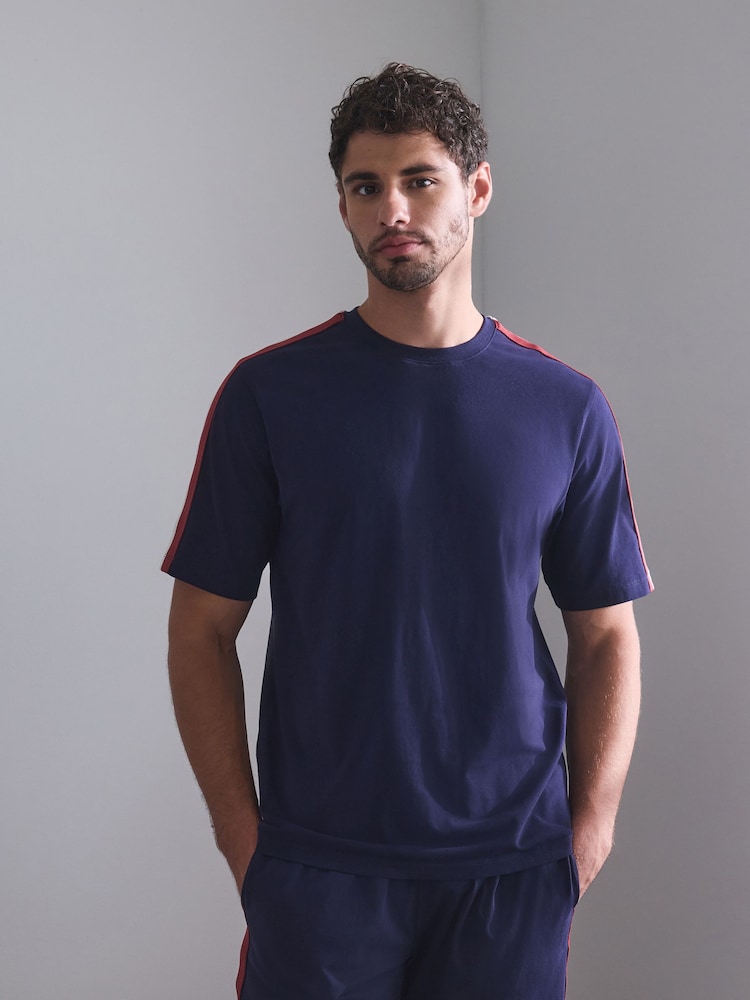 Navy Side Stripe Short Sleeve Jersey Pyjamas Set - Image 1 of 7 Navy Side Stripe Short Sleeve Jersey Pyjamas Set - Image 1 of 7