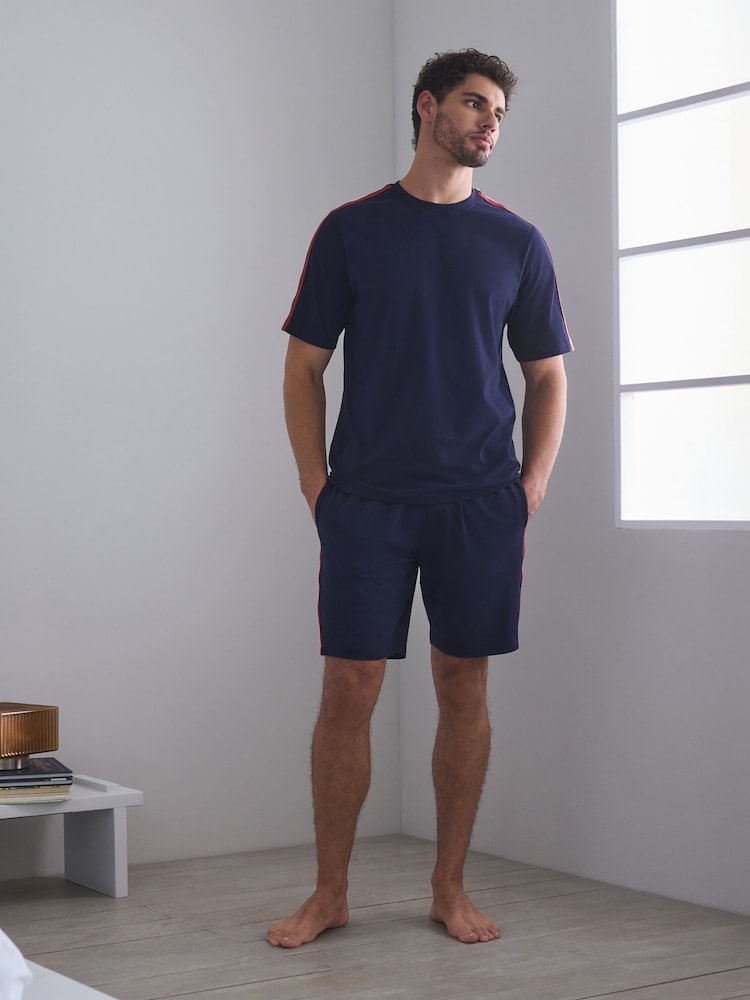 Navy Side Stripe Short Sleeve Jersey Pyjamas Set - Image 2 of 7 Navy Side Stripe Short Sleeve Jersey Pyjamas Set - Image 2 of 7