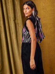 Love & Roses Metallic Jacquard Tie Neck Velvet Sleeveless Jumpsuit - 6суретінің 5 суреті