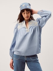 Monsoon Blue Erica V-Neck Embroidered Blouse - Image 1 of 5