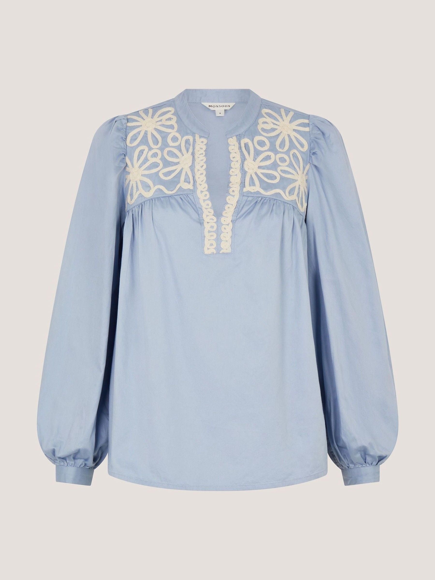 Buy Monsoon Light Blue Erica Cotton V-Neck Embroidered Long