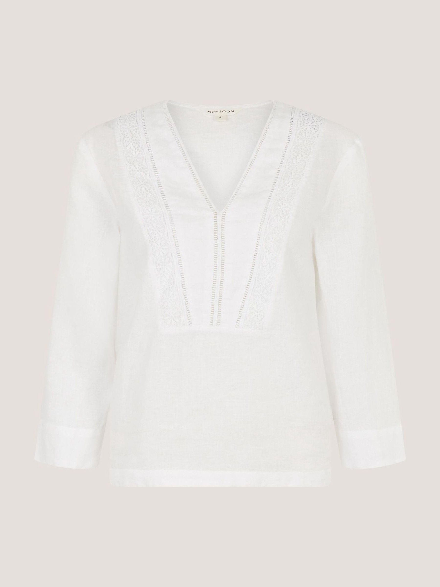 Buy Monsoon White Jayla V-Neck Lace Linen Long Sleeve Blouse from