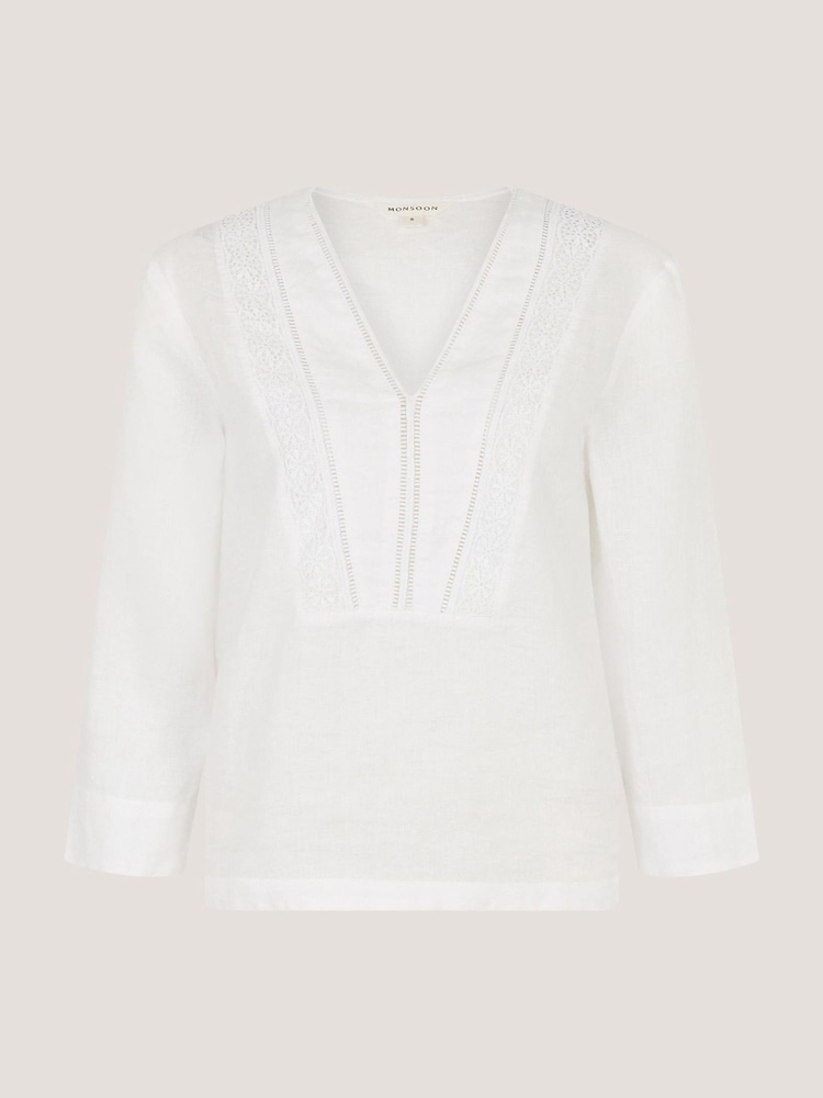Monsoon White Jayla V-Neck Lace Linen Blouse - Image 5 of 5