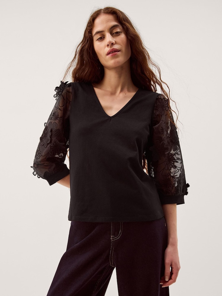 Monsoon Black Fi Floral Appliqué Jersey Top - Image 1 of 5 Monsoon Black Fi Floral Appliqué Jersey Top - Image 1 of 5
