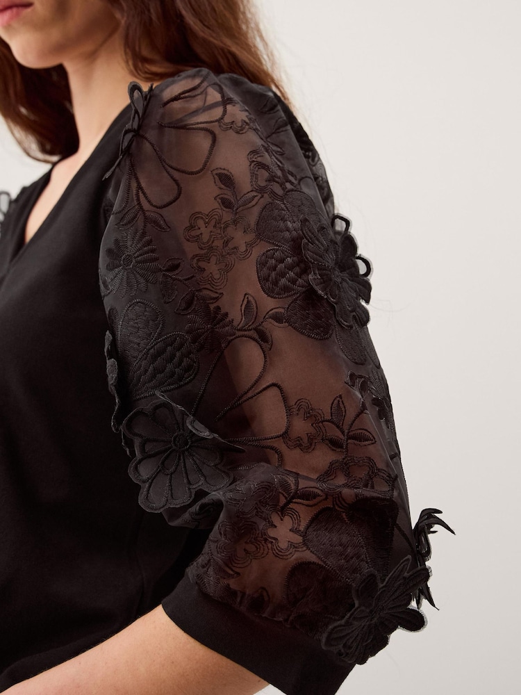 Monsoon Black Fi Floral Appliqué Jersey Top - Image 2 of 5 Monsoon Black Fi Floral Appliqué Jersey Top - Image 2 of 5