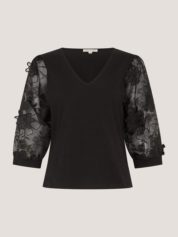 Monsoon Black Fi Floral Appliqué Jersey Top - Image 5 of 5 Monsoon Black Fi Floral Appliqué Jersey Top - Image 5 of 5