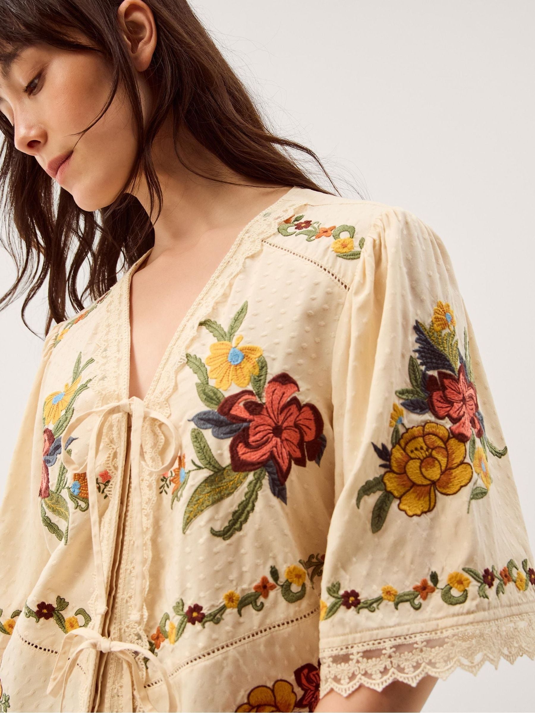 Buy Monsoon Cream Yvette V-Neck Floral Embroidered Tie-Front Top