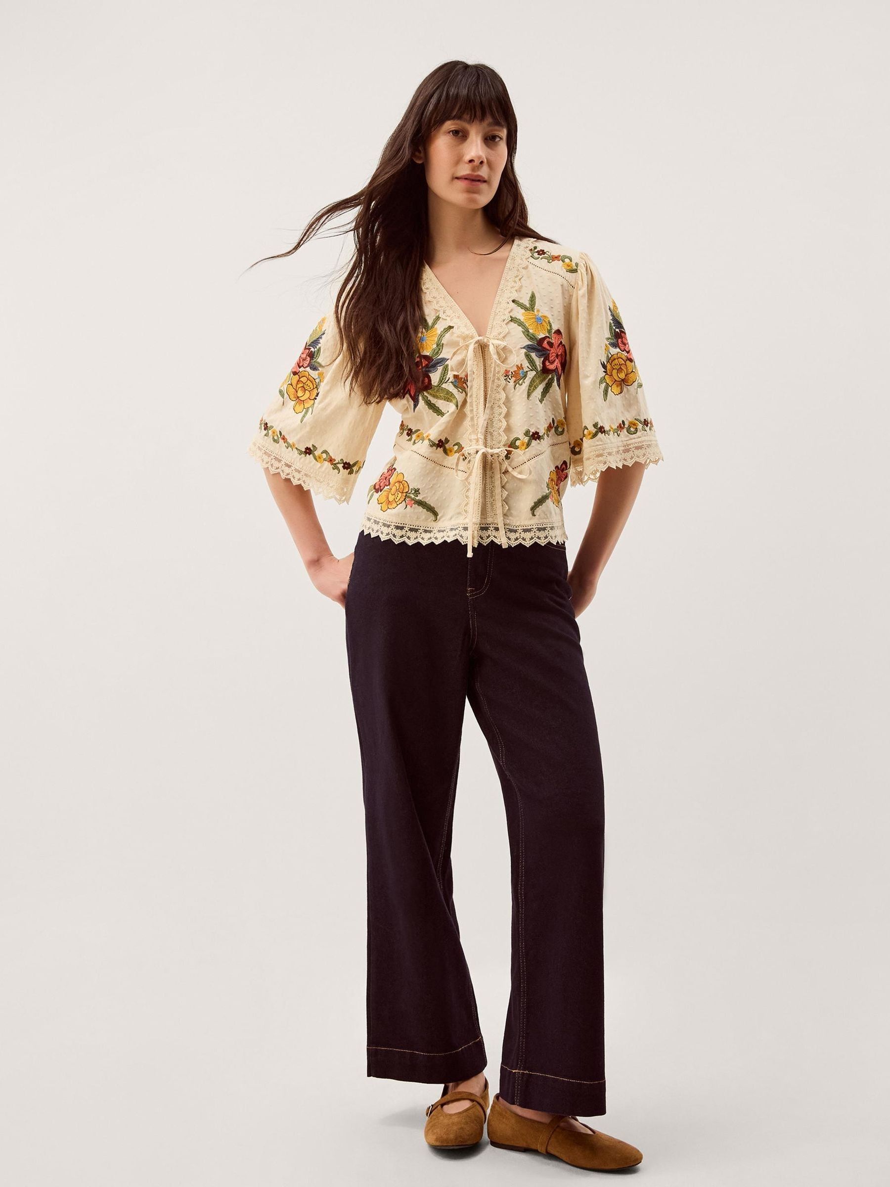 Buy Monsoon Cream Yvette V-Neck Floral Embroidered Tie-Front Top