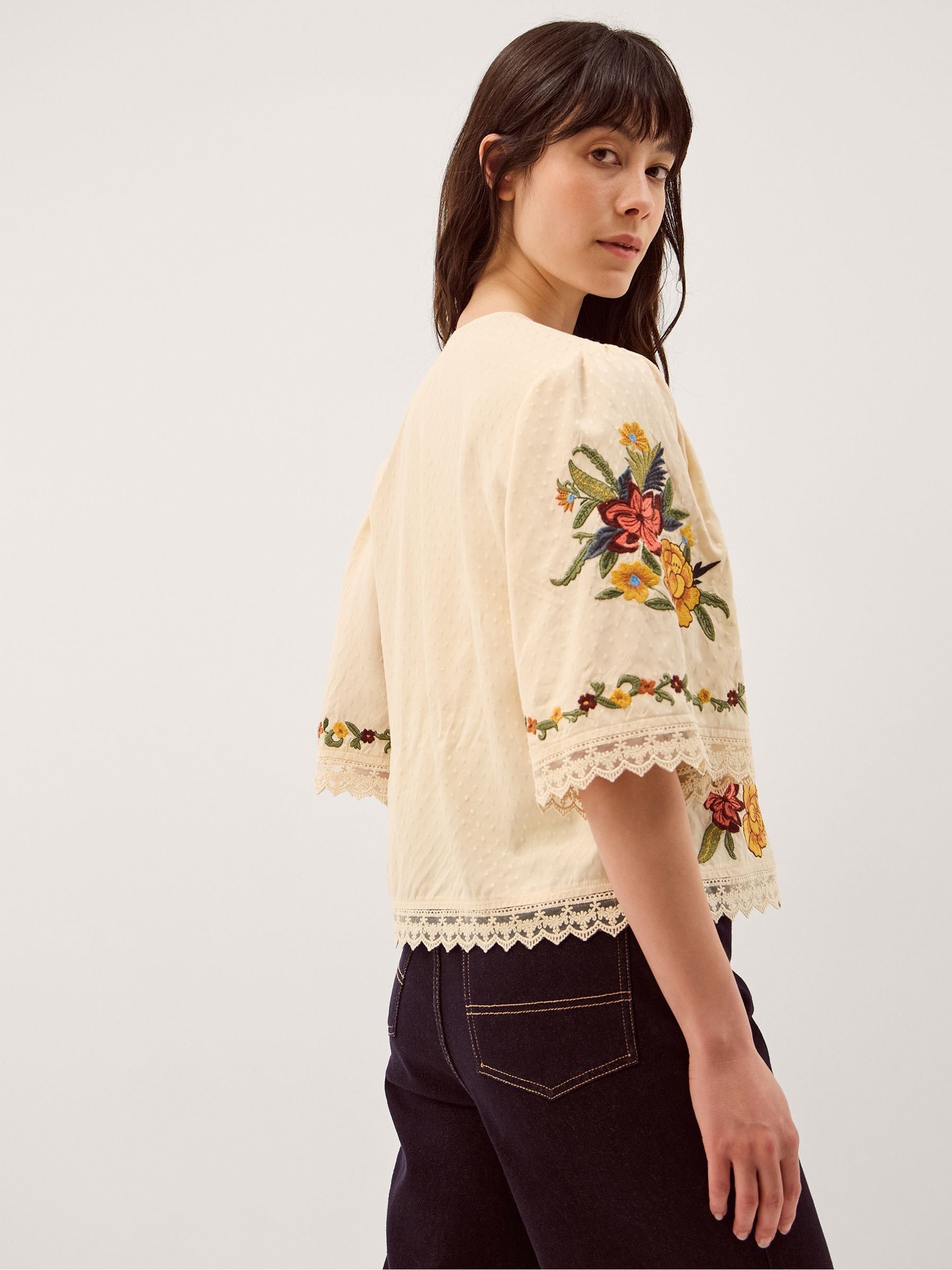 Buy Monsoon Cream Yvette V-Neck Floral Embroidered Tie-Front Top