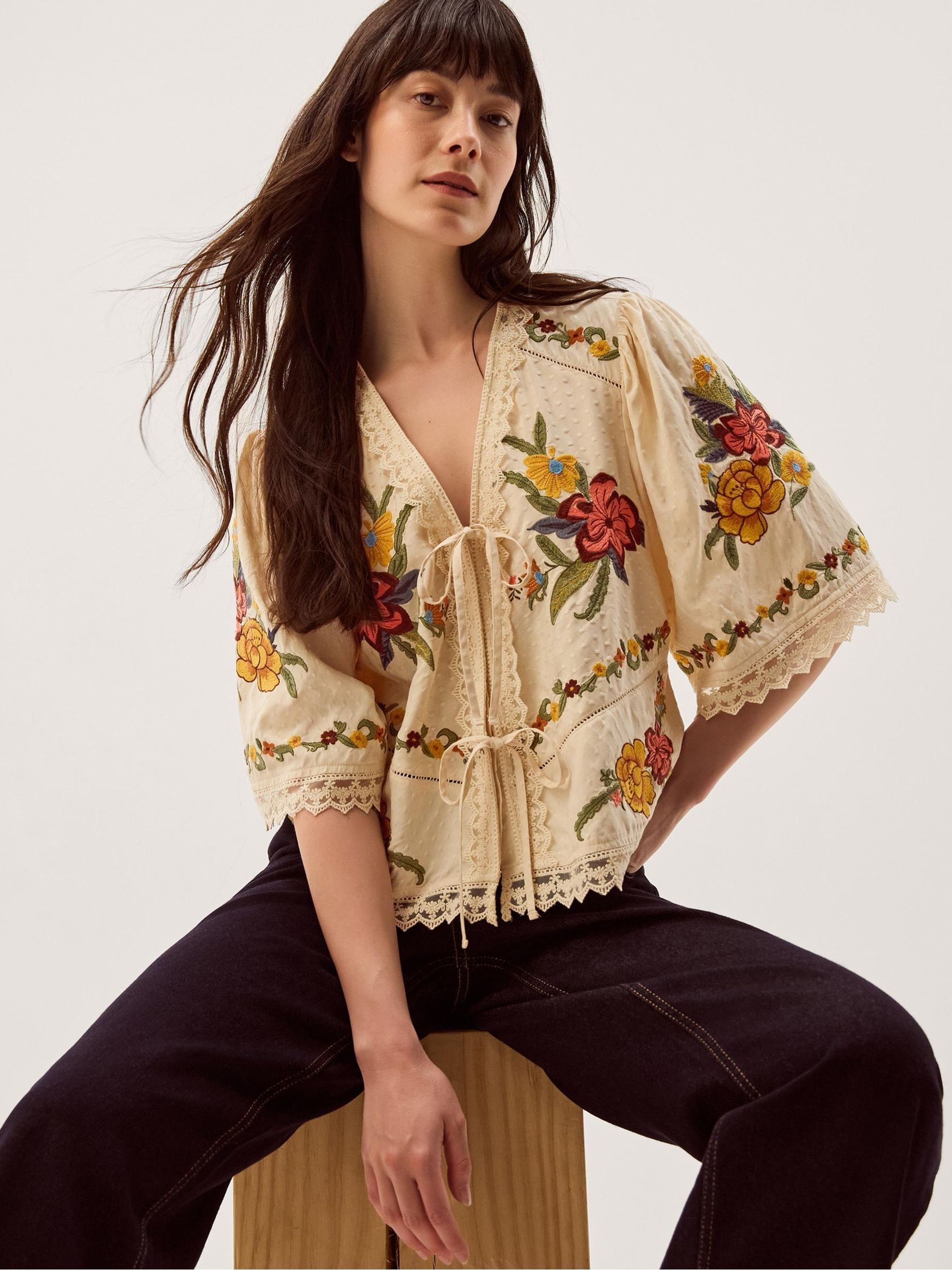 Buy Monsoon Cream Yvette V-Neck Floral Embroidered Tie-Front Top