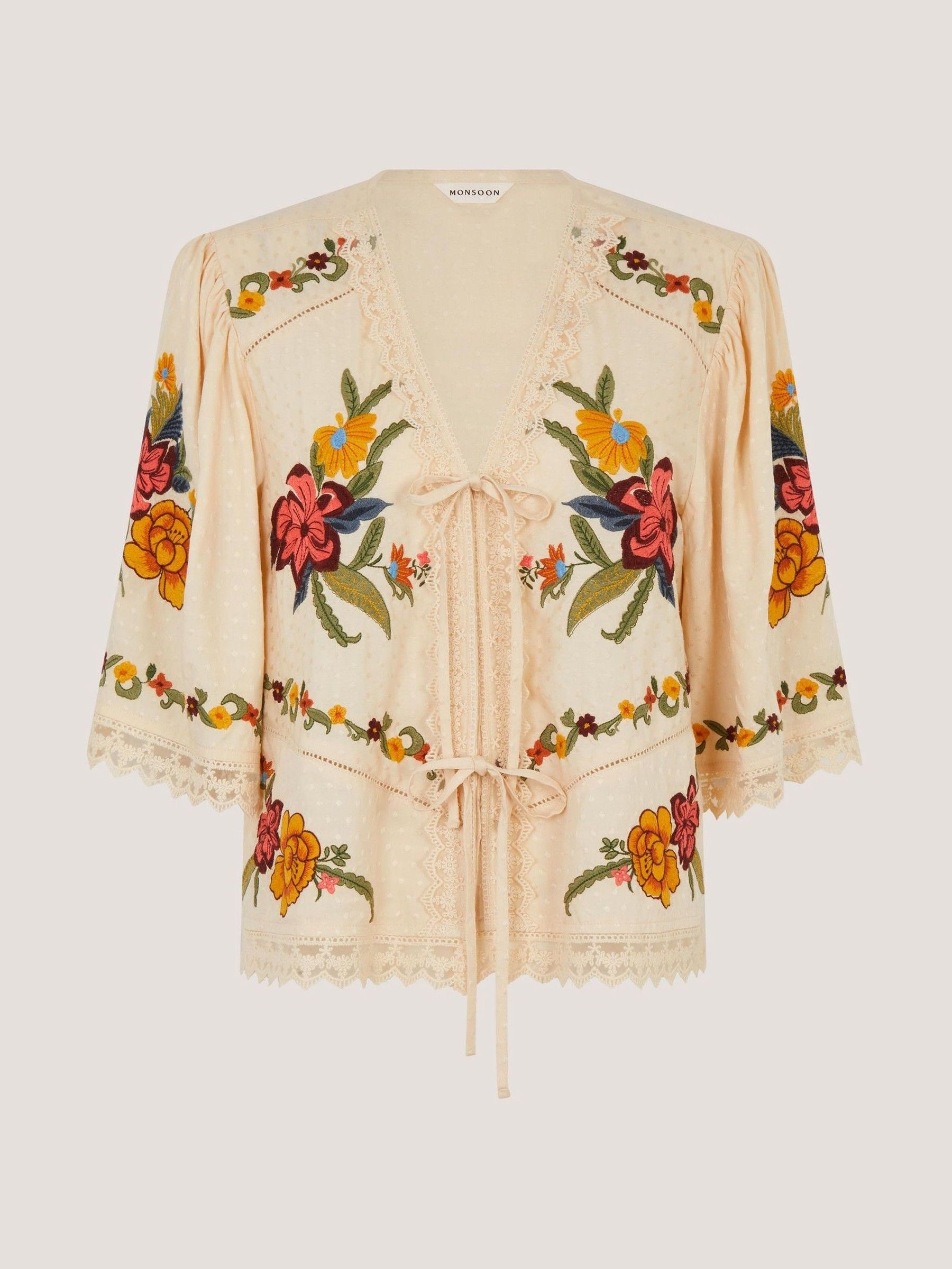 Buy Monsoon Cream Yvette V-Neck Floral Embroidered Tie-Front Top