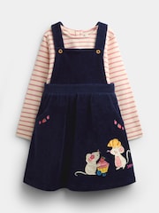 JoJo Maman Bébé Navy Blue Mouse Embroidered Velour Pinafore Set - Image 1 of 7