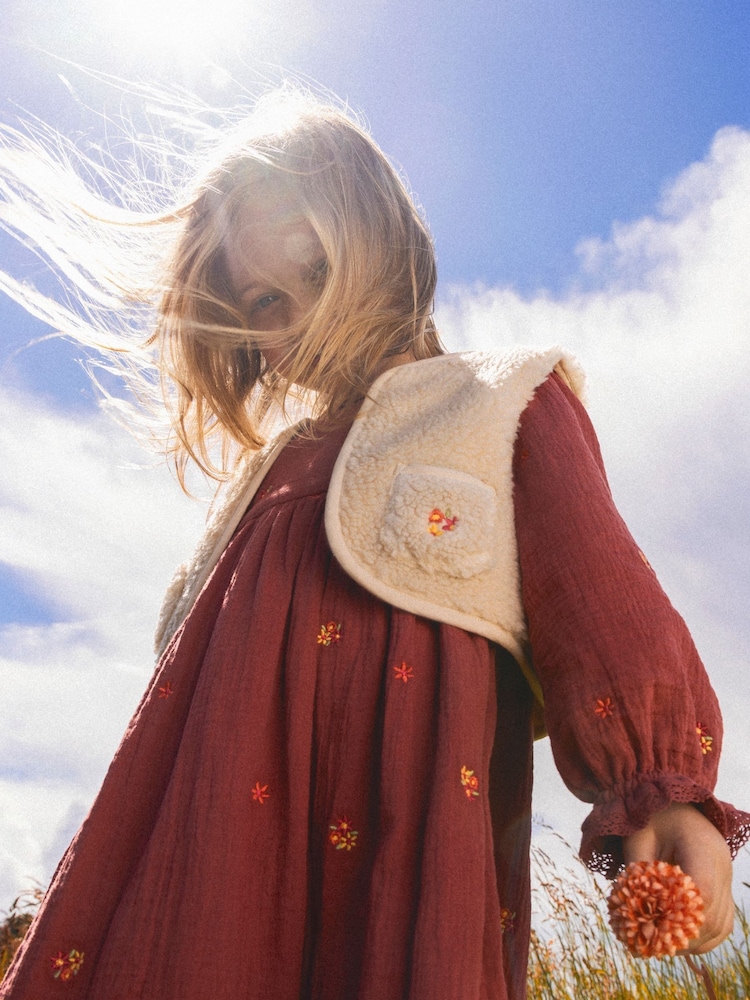 JoJo Maman Bébé Light Brown Floral Embroidered Cheesecloth Dress & Gilet - Image 1 of 6 JoJo Maman Bébé Light Brown Floral Embroidered Cheesecloth Dress & Gilet - Image 1 of 6