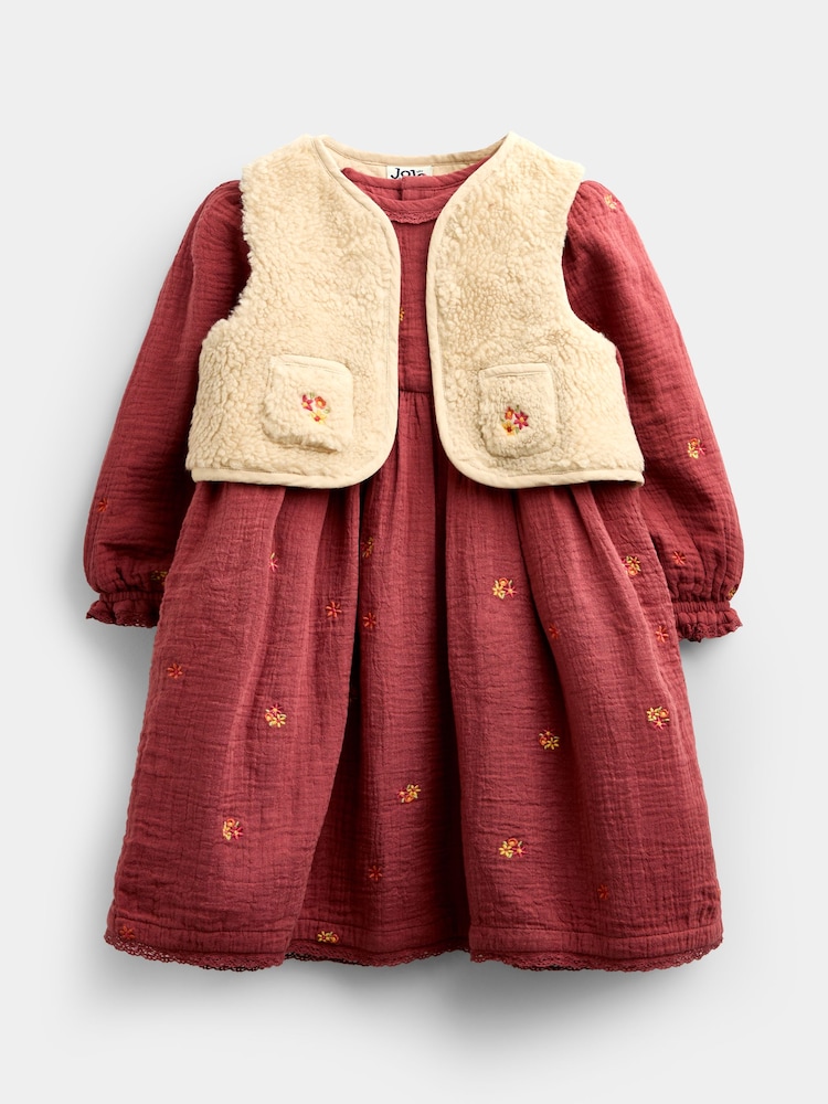 JoJo Maman Bébé Light Brown Floral Embroidered Cheesecloth Dress & Gilet - Image 2 of 6 JoJo Maman Bébé Light Brown Floral Embroidered Cheesecloth Dress & Gilet - Image 2 of 6