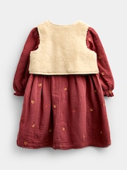 JoJo Maman Bébé Light Brown Floral Embroidered Cheesecloth Dress & Gilet - Image 3 of 6