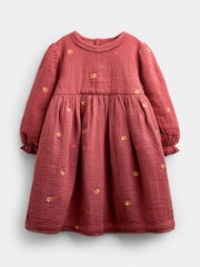 JoJo Maman Bébé Light Brown Floral Embroidered Cheesecloth Dress & Gilet - Image 4 of 6