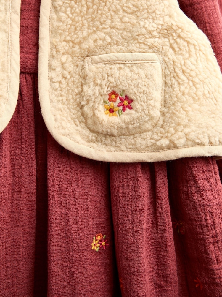 JoJo Maman Bébé Light Brown Floral Embroidered Cheesecloth Dress & Gilet - Image 6 of 6 JoJo Maman Bébé Light Brown Floral Embroidered Cheesecloth Dress & Gilet - Image 6 of 6