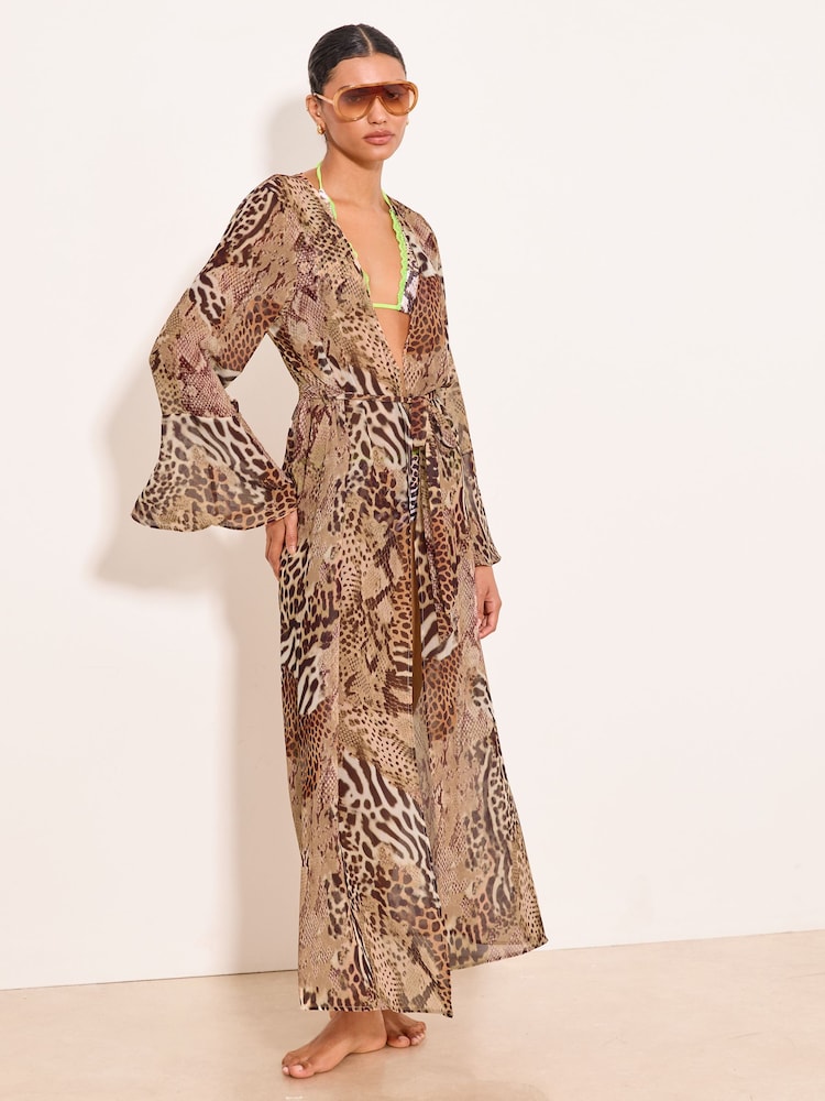 Lipsy Neutral Animal Printed Long Sleeve Maxi Kimono - Image 1 of 5 Lipsy Neutral Animal Printed Long Sleeve Maxi Kimono - Image 1 of 5