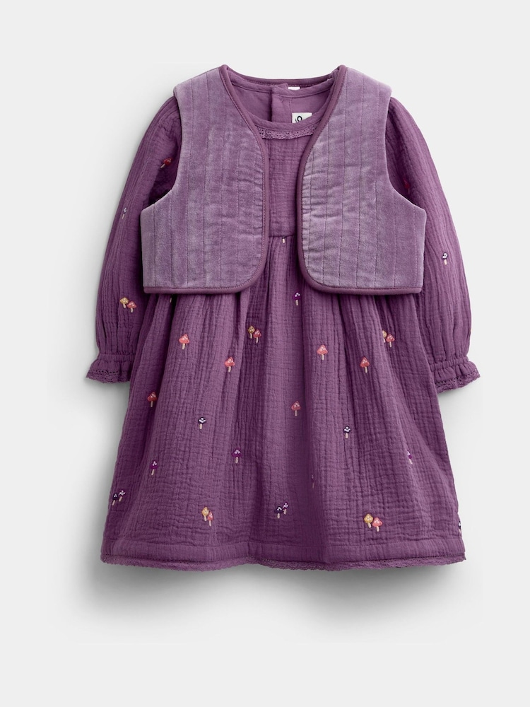 Jojo Maman Bébé Purple Floral Embroidered Cheesecloth Dress & Gilet Set - Image 1 of 6 Jojo Maman Bébé Purple Floral Embroidered Cheesecloth Dress & Gilet Set - Image 1 of 6