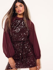 Friends Like These Burgundy Red Chiffon Long Sleeve Sequin Mini Dress - Image 1 of 5