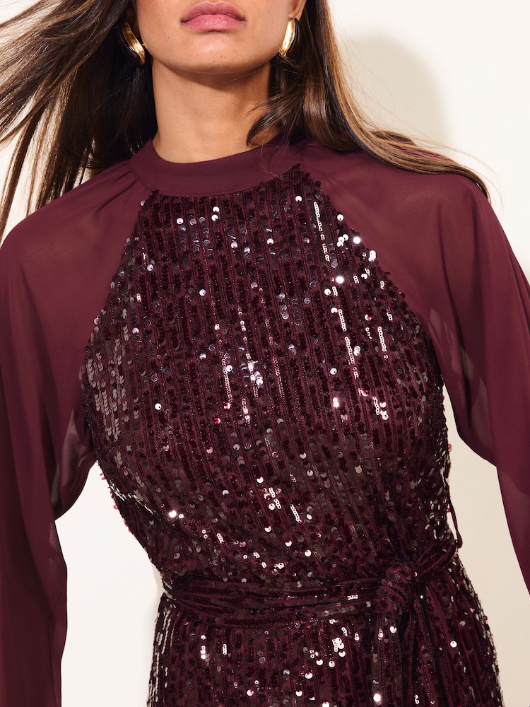 Friends Like These Burgundy Red Chiffon Long Sleeve Sequin Mini Dress - Image 2 of 5 Friends Like These Burgundy Red Chiffon Long Sleeve Sequin Mini Dress - Image 2 of 5
