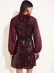 Friends Like These Burgundy Red Chiffon Long Sleeve Sequin Mini Dress - Image 4 of 5