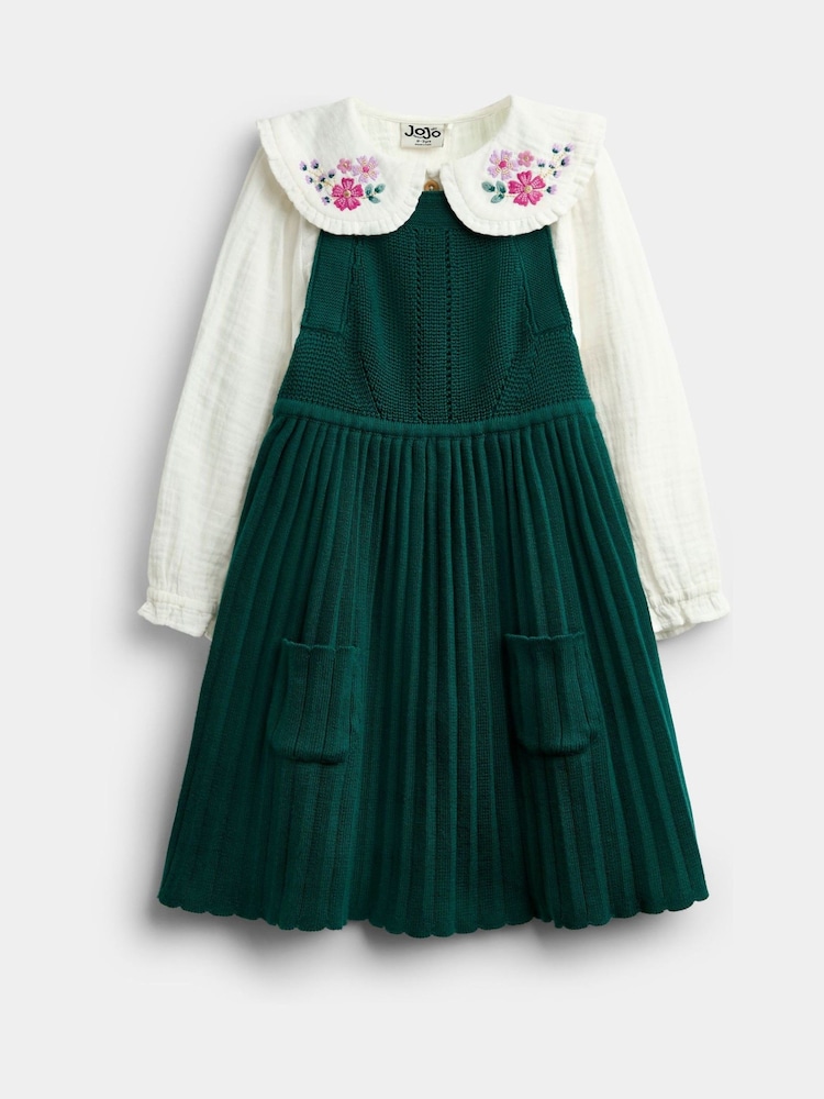 Emerald Green - JoJo Maman Bébé Embroidered Blouse & Knit Pinafore Set - Larawan 1 ng 6