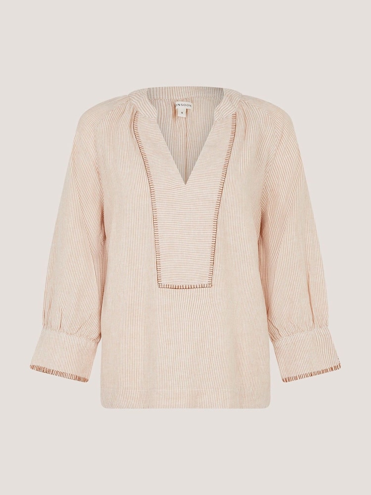 Monsoon Natural Frida Stripe Linen-Blend Top - Image 7 of 7