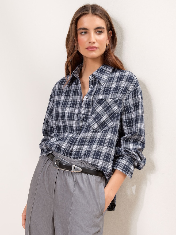 Lipsy Navy Blue Check Oversized Pocket Detail Shirt - Image 1 of 5 Lipsy Navy Blue Check Oversized Pocket Detail Shirt - Image 1 of 5