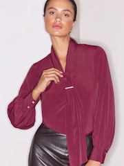 Lipsy Burgundy Red Tie Drape Front Gold Trim Woven Blouse - Image 1 of 4