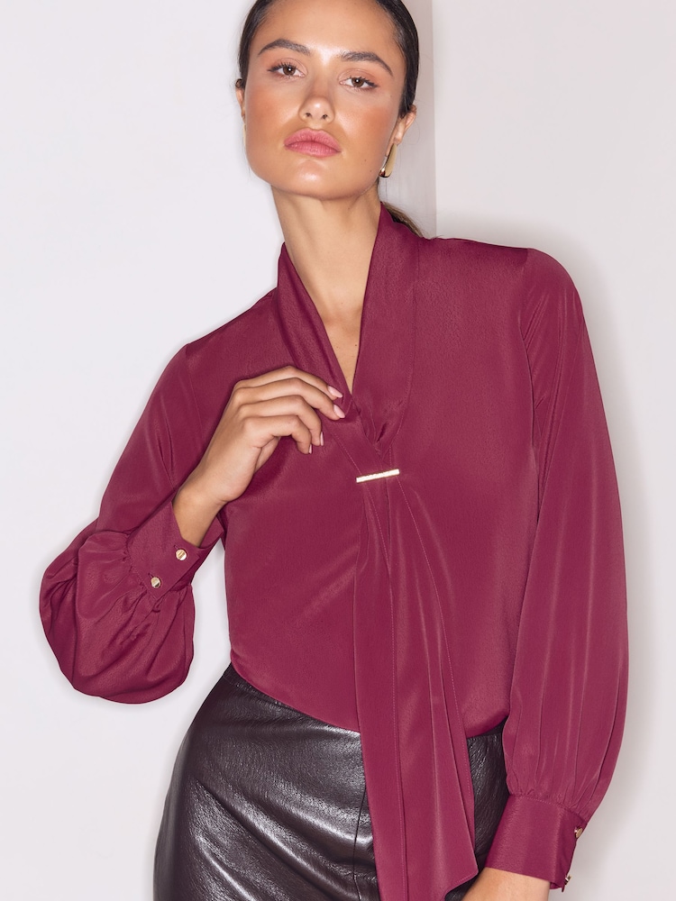 Lipsy Burgundy Red Tie Drape Front Gold Trim Woven Blouse - Image 1 of 4