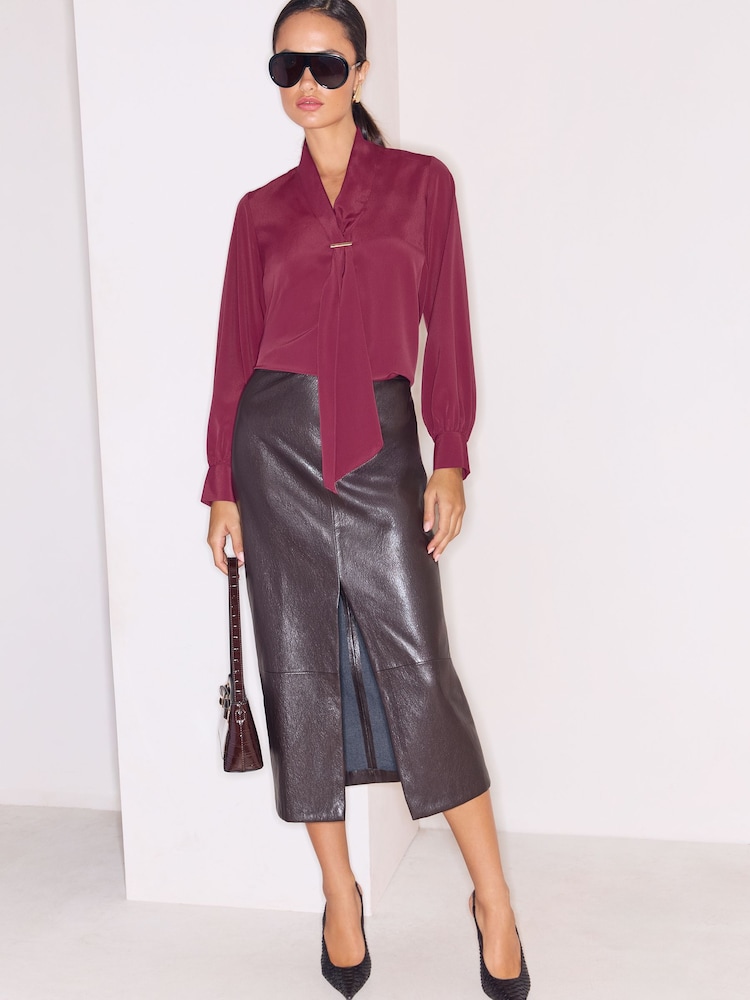 Lipsy Burgundy Red Tie Drape Front Gold Trim Woven Blouse - Image 2 of 4