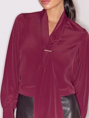 Lipsy Burgundy Red Tie Drape Front Gold Trim Woven Blouse - Image 3 of 4