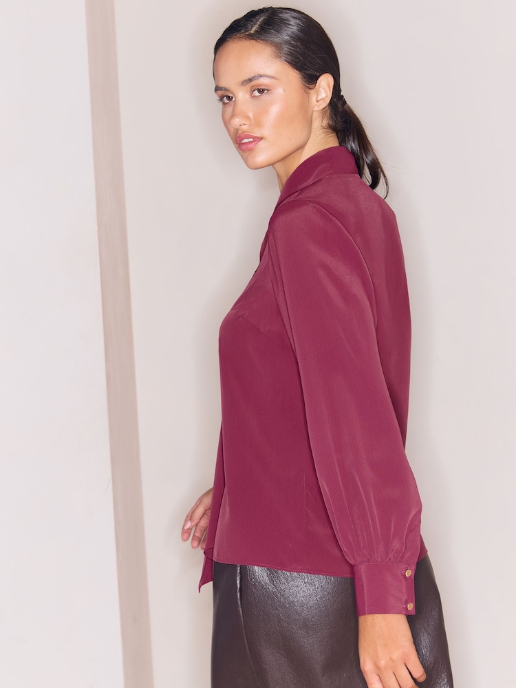 Lipsy Burgundy Red Tie Drape Front Gold Trim Woven Blouse - Image 4 of 4