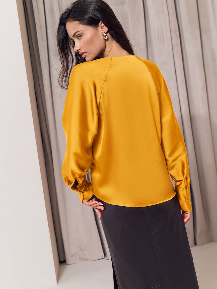 Lipsy Ochre Yellow Satin Open Collar V-Neck Batwing Blouse - Image 5 of 5